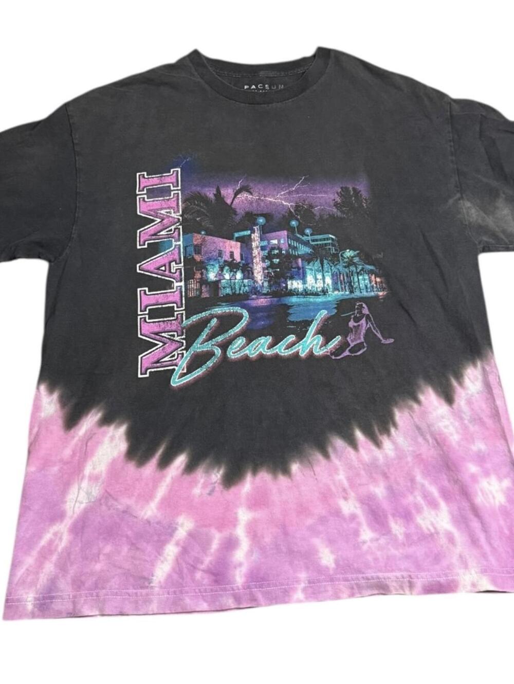 PacSun Miami Beach tie dye tee L black purple pastel graphic unisex beach shirt